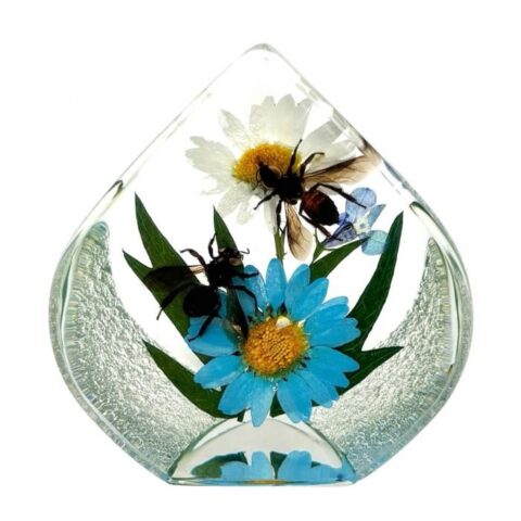 Real Honey Bees with Flowers in Teardrop-shaped Acrylic Paperweight